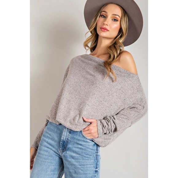 SOLD OUT Oatmeal Hacci Soft Long Sleeve Off Shoulder Tunic Dolman Knit Top - Picture 2 of 4